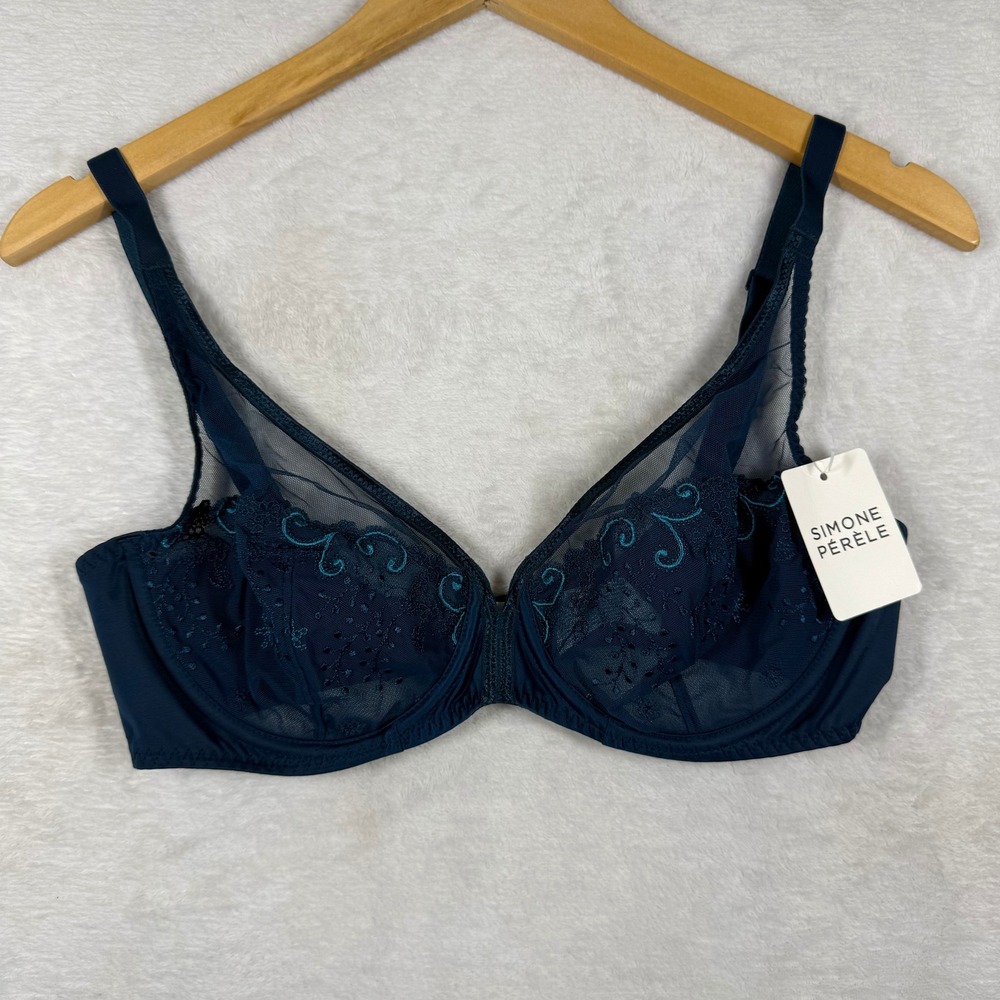 Simone Perele Delice Sheer Plunge Bra 12X319 Prestige Blue Embroidered 34D NEW